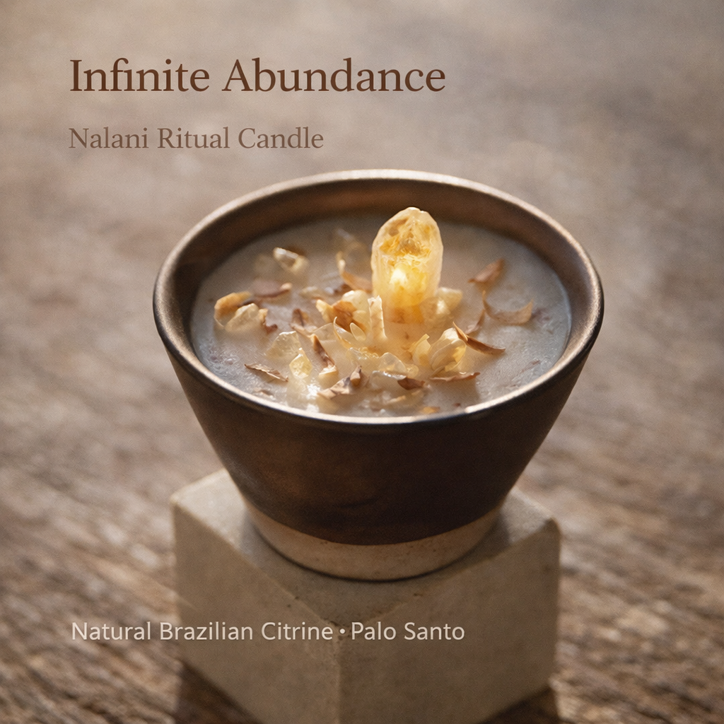 Nalani Ritual Candle labeled 'Infinite Abundance' with Brazilian Citrine and Palo Santo on a wooden surface.