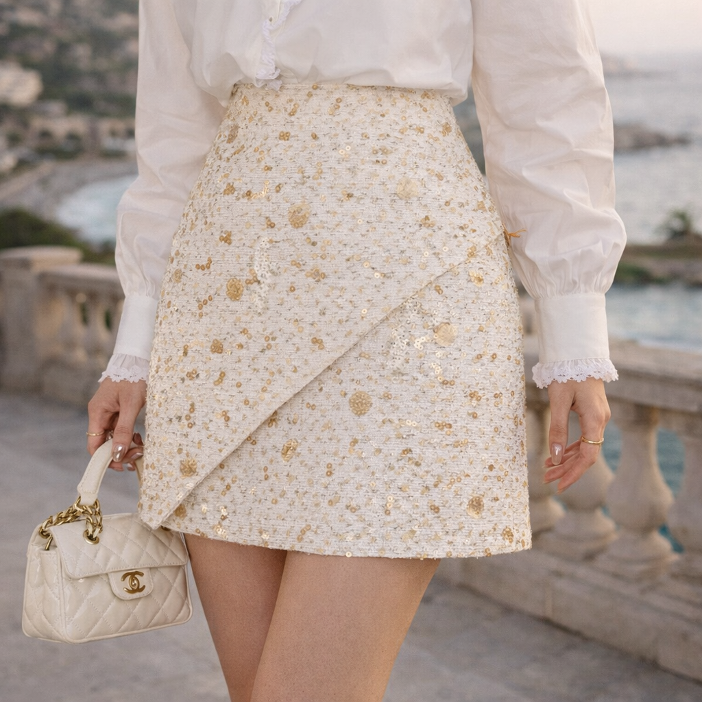 Person wearing a floral skirt and holding a Chanel handbag with a scenic background