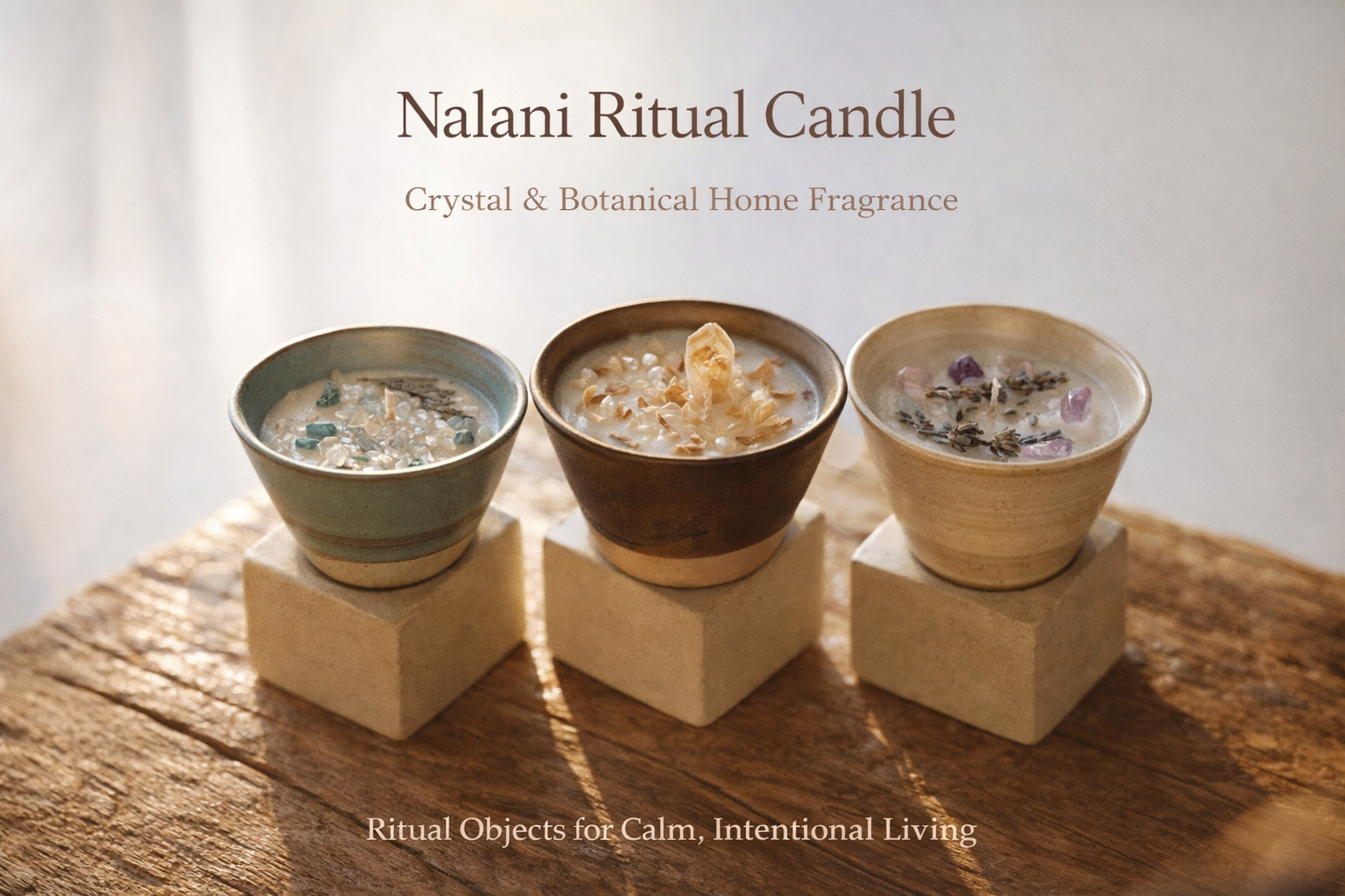 Three Nalani Ritual Candle containers on a wooden surface with a soft background.