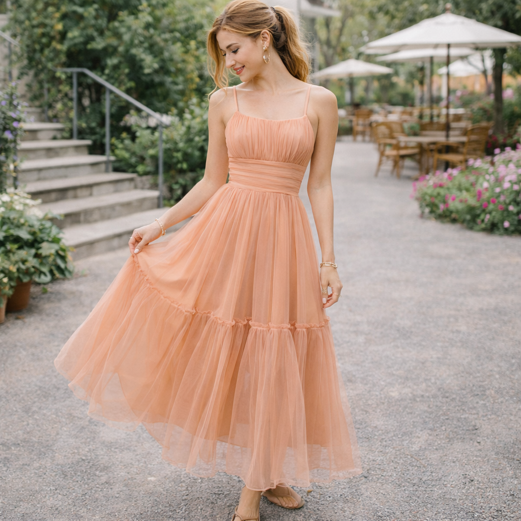 Woman in a peach dress standing outdoors with greenery and tables in the background