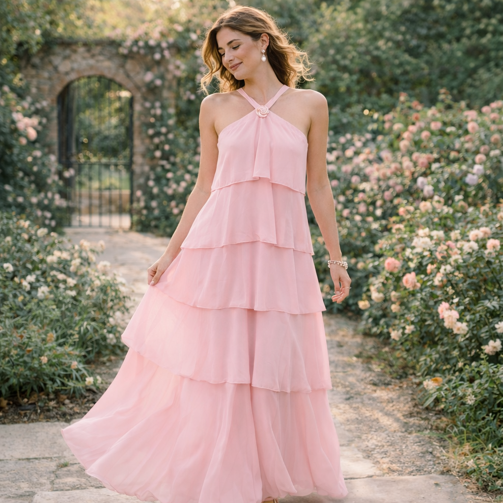 Woman in a pink dress standing in a garden with flowers and an archway.