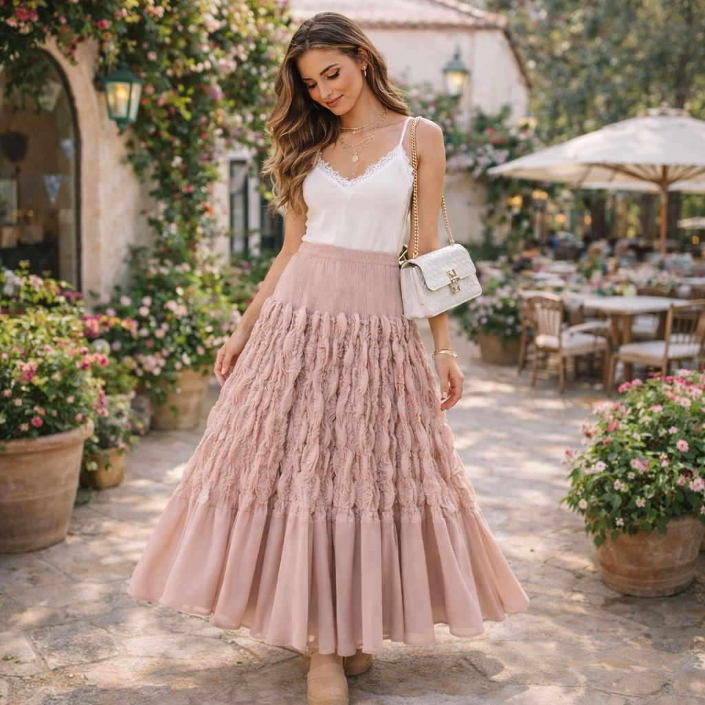 Woman in a white top and pink skirt standing in an outdoor setting with flowers and tables.