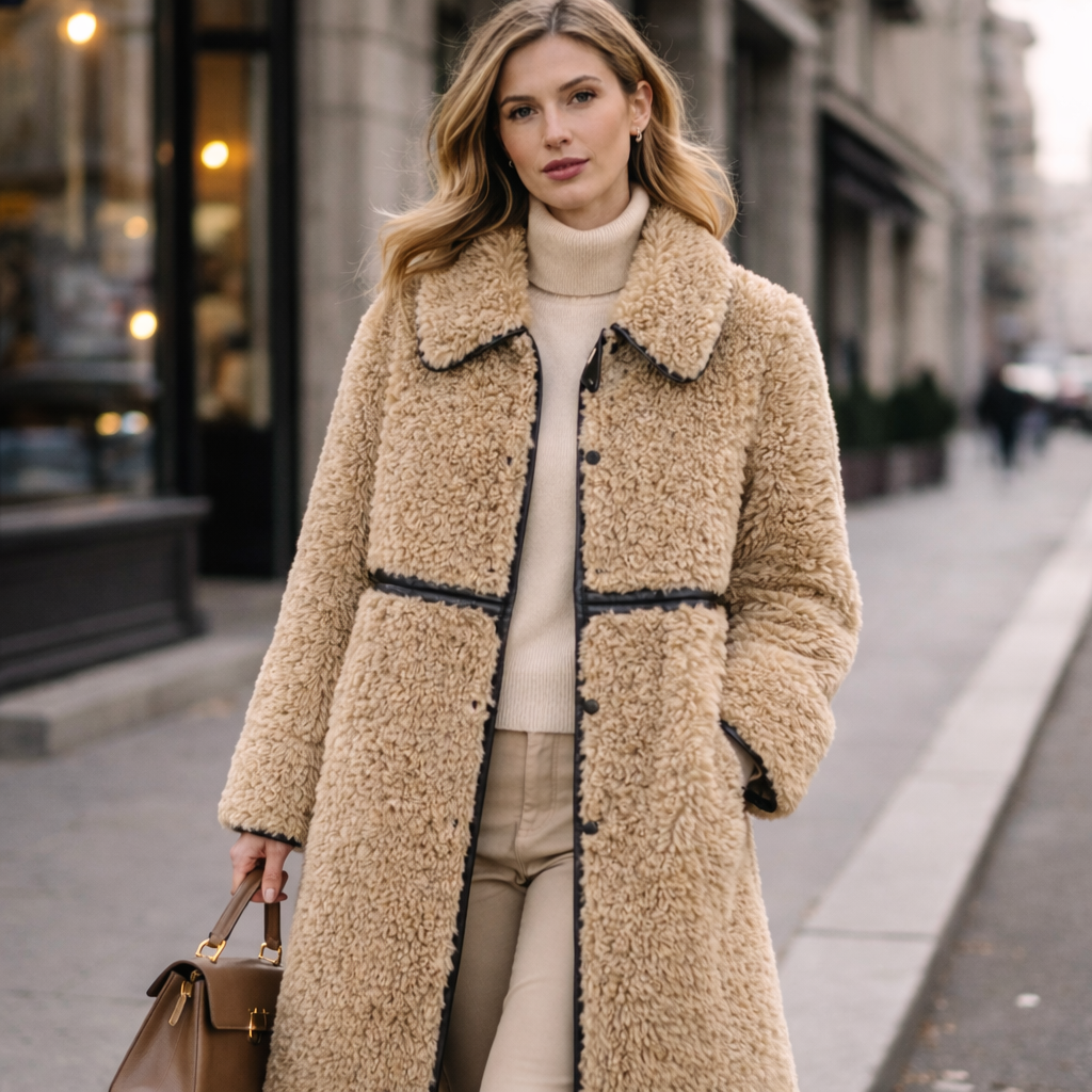 Woman wearing a beige teddy coat on a city street