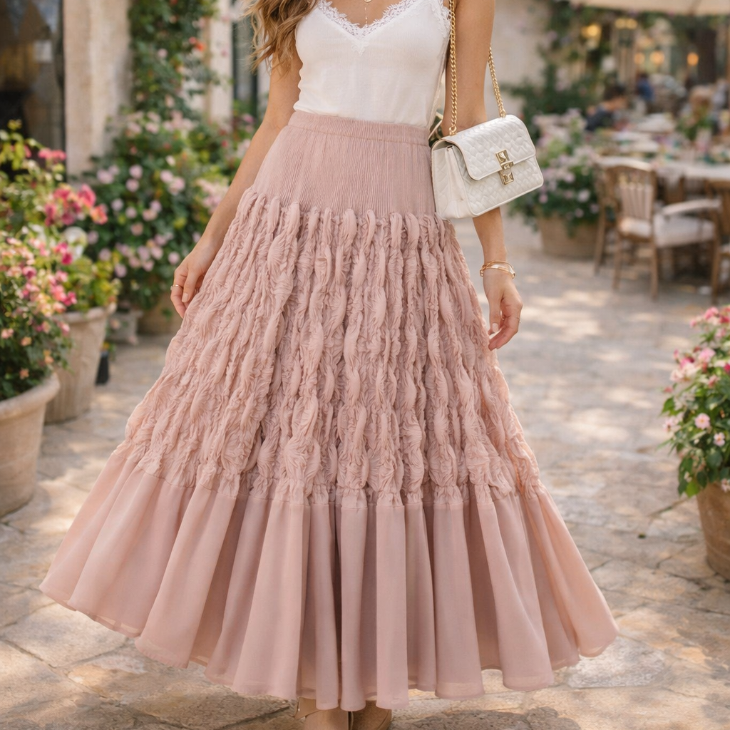 Woman in a white top and pink skirt standing in an outdoor setting with flowers and tables.
