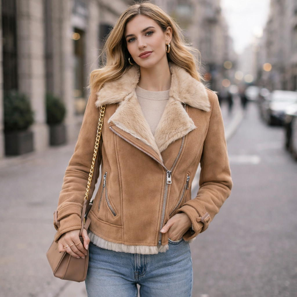 Woman wearing a tan shearling jacket on a city street