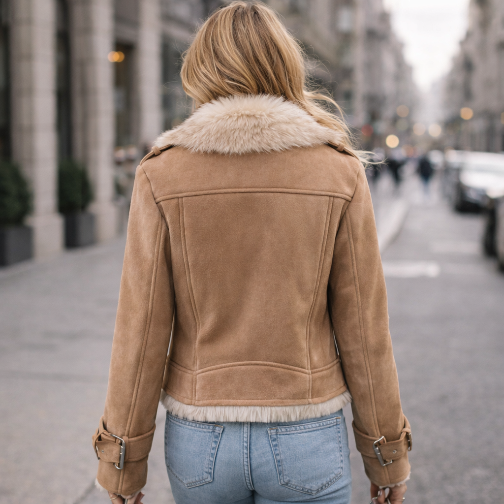 Person wearing a brown suede jacket with fur collar on a city street