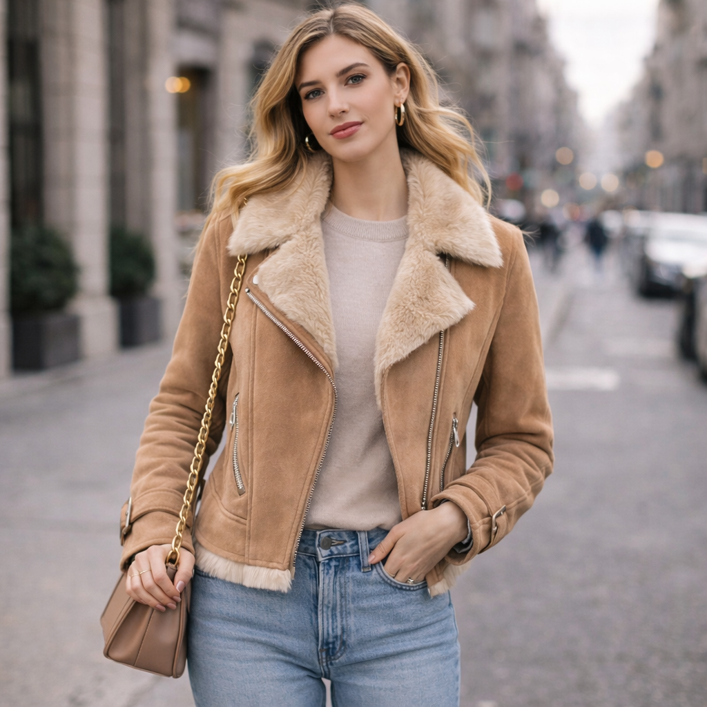 Woman wearing a tan shearling jacket with a blurred city street background