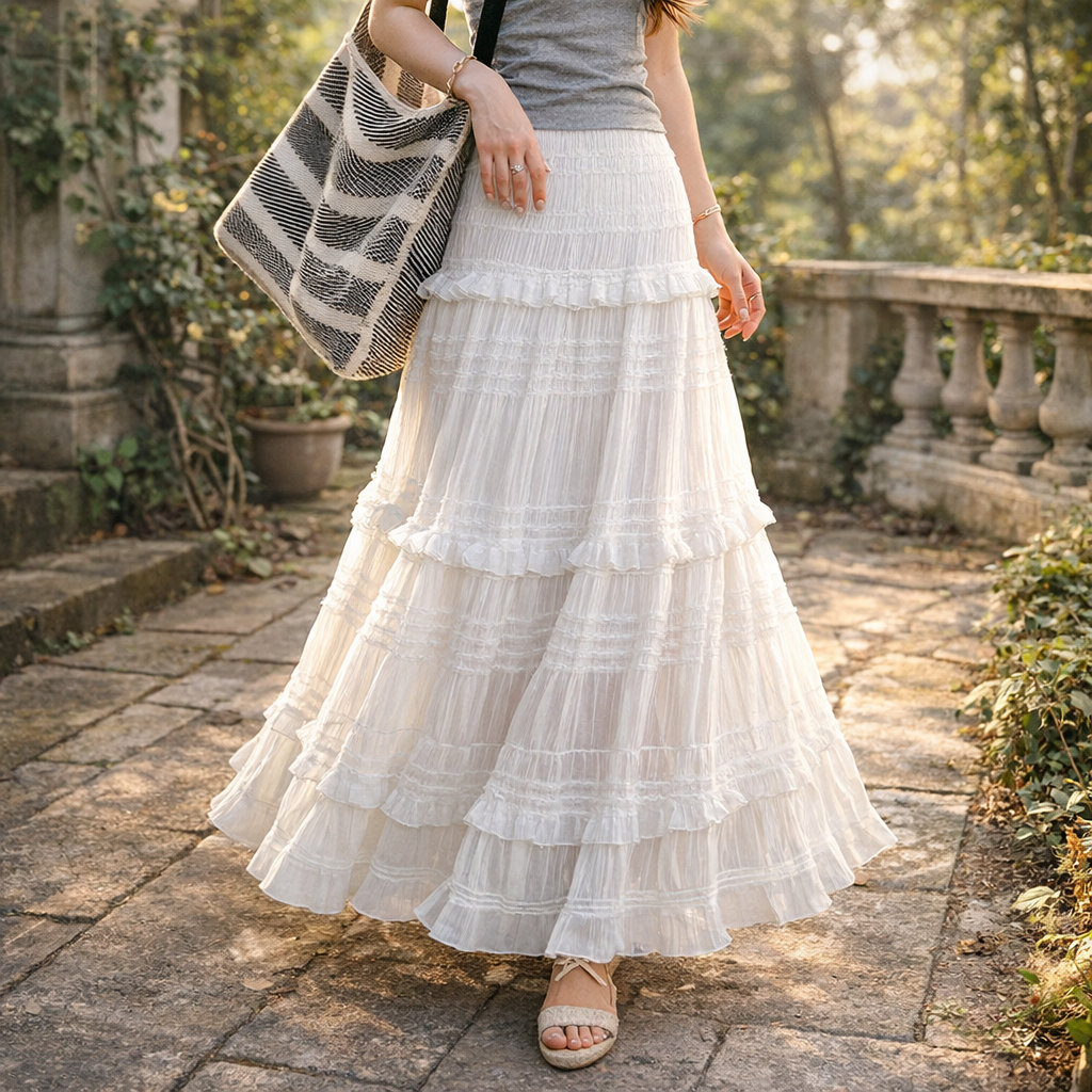 Woman wearing a white tiered skirt with a patterned bag in an outdoor setting.